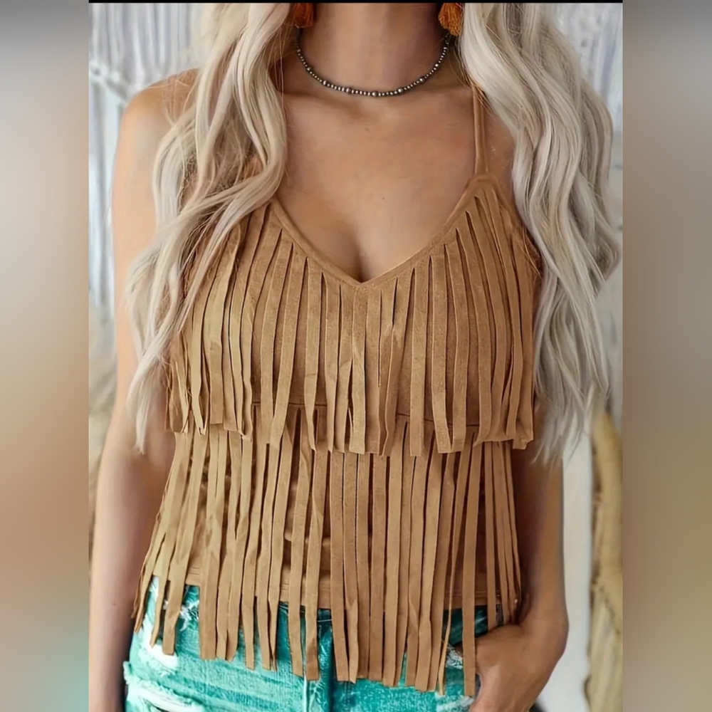 NWT Fringed V-Neck Tank Top - Brown